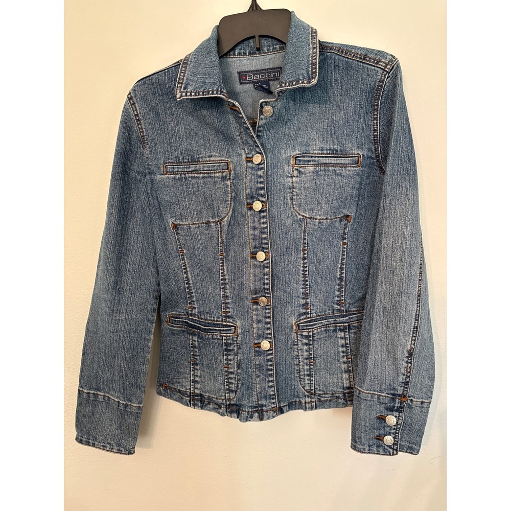 Baccini Denim Jacket Women S Blue Excellent Tailored Stretch Button Up Jean